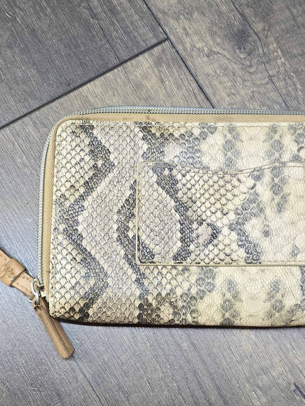 Neutral Snake-Print Zip Wallet with Front Slip Pocket